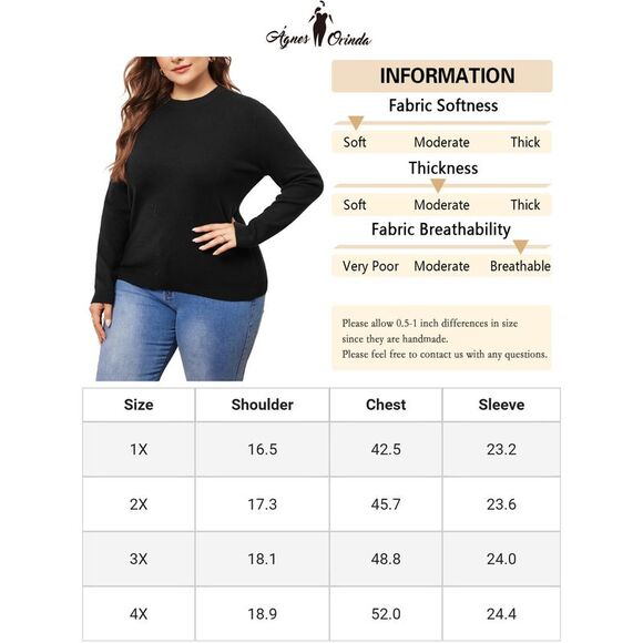 Plus Size Crewneck Shirts Fall Casual Basic Tee Tops Black - Picture 7 of 7